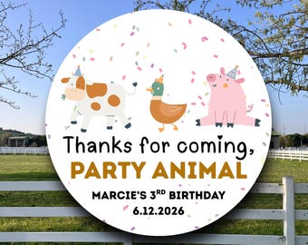 Party Animal Birthday Favor Labels Farm Theme | Thanks for Coming Stickers with Animals in Hats | Barnyard Party Tags Kids Celebration