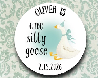 One Silly Goose First Birthday Stickers Boy | Blue 1st Birthday Favor Labels | Baby Boy Party Tags | First Birthday Celebration Decorations