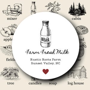 May include: A black and white illustration of a milk bottle with the word "Milk" on the label. The image is surrounded by other illustrations, including a mixer, apple, cabin, fields, tree, candles, soap, and a log house. The text "Farm Fresh Milk" is also present.