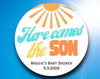 Here Comes the Son Baby Shower Labels Boy | Retro Yellow Orange Blue Stickers | Pun Favor Tags | Groovy Sunshine Party Decorations
