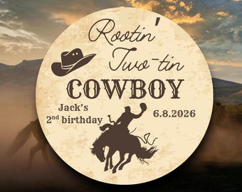 Rootin Two-tin Two Birthday Labels Cowboy | Vintage Western Stickers 2nd Birthday | Cowboy Theme Favor Tags | Rodeo Party Decorations