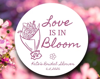 Love is in Bloom Bridal Shower Favor Labels Pink | Flower Bouquet Stickers | Floral Wedding Shower Tags | Garden Party Decorations
