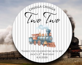 Chugga Chugga Two Two Birthday Labels | Blue Watercolor Train Stickers | 2nd Birthday Favor Tags | Train Theme Party Decorations Boy