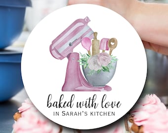 Custom Baked with Love Labels | Pink Kitchen Mixer Stickers with Florals for Baking, Treats & Homemade Gifts