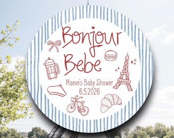 Bonjour Bebe Baby Shower Labels French Theme | Blue Stripe Red Paris Stickers | Parisian Favor Tags | European Celebration Decorations