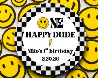One Happy Dude First Birthday Labels Boy | Black Checkered Smiley Face Stickers | 1st Birthday Favor Tags | Retro Yellow Party Decorations
