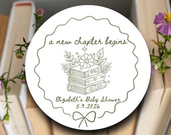 A New Chapter Begins Baby Shower Labels Book Theme | Book Stack Stickers Ribbon Border | Library Favor Tags | Story Time Party Decorations