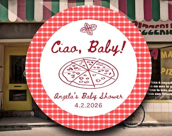 Ciao Baby Shower Labels Pizzeria Theme | Red White Checkered Pizza Stickers | Italian Restaurant Favor Tags | Celebration Party Decorations