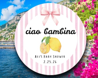 Ciao Bambina Baby Shower Favor Labels Italian Girl Theme | Pink Stripe Lemon Stickers | Amalfi Coast Party Tags | Mediterranean Celebration