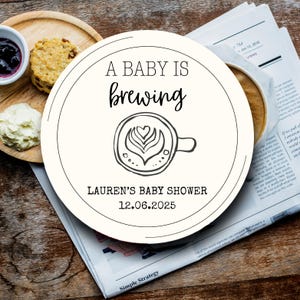 A Baby is Brewing Baby Shower Labels | Custom Paris Coffee Theme Stickers for Favors, Gifts & Party Supplies