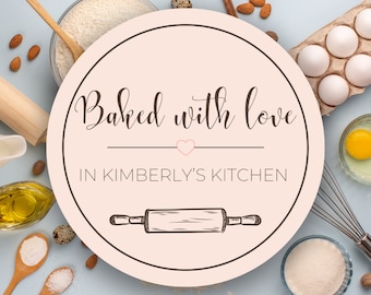 Custom Pink Vintage Kitchen Baked Goods Sticker for Farmers Markets: Personalized 'Baked with Love' Label for Home Cooking and Gifts