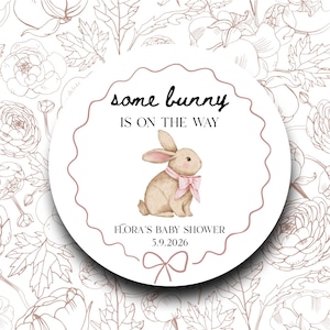 Some Bunny is On the Way Baby Shower Labels Girl | Pink Bunny Stickers | Spring Baby Favor Tags | Easter Theme Party Decorations