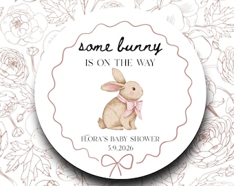 Some Bunny is On the Way Baby Shower Labels Girl | Pink Bunny Stickers | Spring Baby Favor Tags | Easter Theme Party Decorations