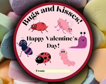 Bugs and Kisses Valentine's Day Card: Printable Insect Favor Tag for Classroom Exchanges and Treat Bags (Digital Download)