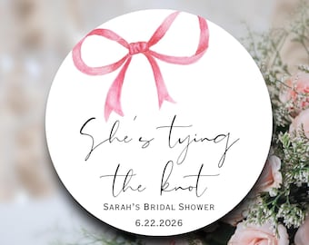 She's Tying the Knot Bridal Shower Favor Labels | Pink Watercolor Bow Stickers | Wedding Shower Tags | Bride Celebration Party Decorations