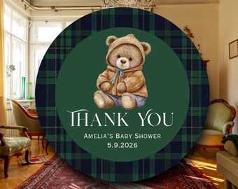 Preppy Plaid Baby Shower Labels Navy Green Teddy Bear | Classic Boy Favor Stickers | Timeless Tags | Traditional Party Decorations