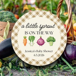 A Little Sprout is On the Way Baby Shower Labels | Vegetable Stickers Brown Gingham | Garden Theme Favor Tags | Farm Fresh Celebration