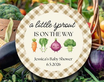 A Little Sprout is On the Way Baby Shower Labels | Vegetable Stickers Brown Gingham | Garden Theme Favor Tags | Farm Fresh Celebration