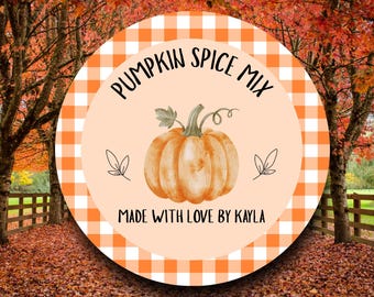 Pumpkin Spice Mix Labels Custom | Orange Gingham Watercolor Pumpkin Stickers | Fall Gift Tags | Autumn Harvest Packaging Labels