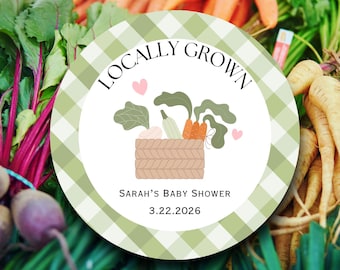 Locally Grown Baby Shower Stickers Farmers Market Theme | Green Gingham Favor Labels | Vegetable Basket Tags | Garden Party Decorations
