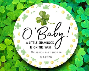 Custom St Patricks Day Baby Shower Labels O'Baby Shamrock | Irish Themed Favor Stickers | Lucky Baby Party Tags | March Shower Decorations
