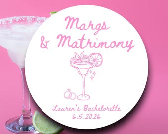 Margs and Matrimony Bachelorette Party Favor Labels Pink | Margarita Doodle Stickers | Bach Weekend Tags | Fiesta Celebration Decorations