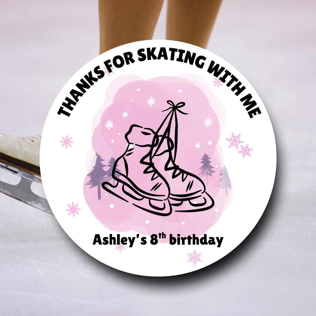 Custom Ice Skating Birthday Labels | Thanks for Skating Pink Snow ...