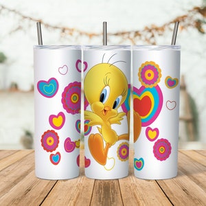 Tweety Cartoon 20 oz Tumbler PNG / Skinny Tumbler Seamless 20oz Wrap Sublimation / Tweety Bird Floral 20 oz Tumbler - DESCARGA INSTANTE