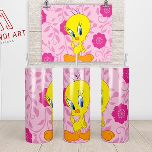 Tweety Cartoon 20 oz Tumbler PNG | Skinny Tumbler Seamless 20oz Wrap Sublimation | Tweety Bird Floral 20 oz Tumbler - INSTANT DOWNLOAD