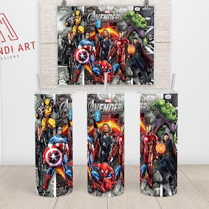 May include: Marvel Avengers-themed tumbler featuring comic book-style illustrations of superheroes like Captain America, Spider-Man, and Thor. The design includes the word "Avengers" and the Alandi Art Designs logo. The tumbler is cylindrical and has a silver straw.