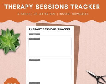May include: Printable PDF therapy session tracker with sections for date, topics to discuss, key takeaways, and next appointment. The tracker is designed for use with US letter size paper.