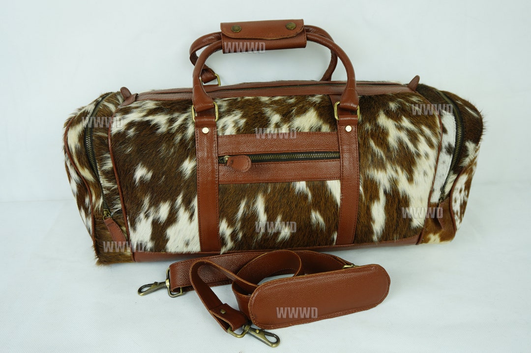 Cowhide Leather Duffle Bag Natural Hairon Leather Weekender Etsy