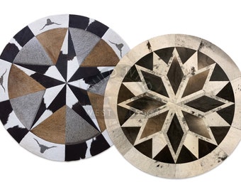 Natural Cowhide Leather Area Rug | Handmade Cowhide Patchwork Rug | Home Décor Cow Skin Rug | Real Hair-on-Leather Patchwork Round Rug