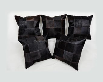 Handcrafted Black Hair-On Cowhide Leather Patchwork Pillow Covers – Natural Decorative Cushion cases for Home, Living Room & Bedroom Décor
