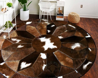 Natural Cowhide Leather Area Rug | Handmade Cowhide Patchwork Carpet | Home Décor Cow Skin Rug | Real Hair-on-Leather Patchwork Area Rug