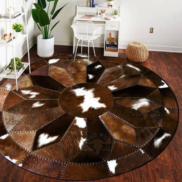 Natural Cowhide Leather Area Rug | Handmade Cowhide Patchwork Carpet | Home Décor Cow Skin Rug | Real Hair-on-Leather Patchwork Area Rug