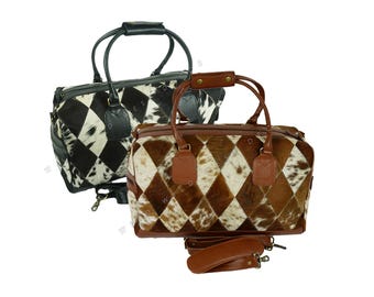 Bolsa de lona de piel de vacuno / Bolsa de fin de semana de piel con pelo natural / Bolsa de viaje de lona / Bolsa de gimnasio / Bolsa de deporte / Bolsa de equipaje / Bolsa de noche