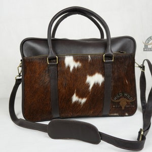 Messenger de bureau en cuir de vachette naturel | Porte-documents en cuir pour ordinateur portable à poils longs | Cartable unisexe avec bandoulière | Sacoche pour documents