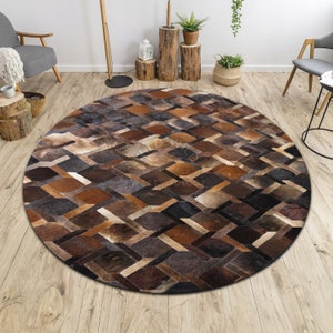 Tappeto fatto a mano in vera pelle, tappeto in pelle di vacchetta naturale, originale pelle di mucca, a forma rotonda, arredamento per la casa, tappeto patchwork, pelo su tappeto in pelle di vacchetta