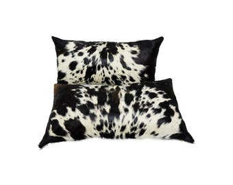 Rectangle Cowhide Leather Pillow Covers | Real Hair on Cow skin Cushion Cases | Black White Cowhide Leather Pillow Covers with hidden zipper