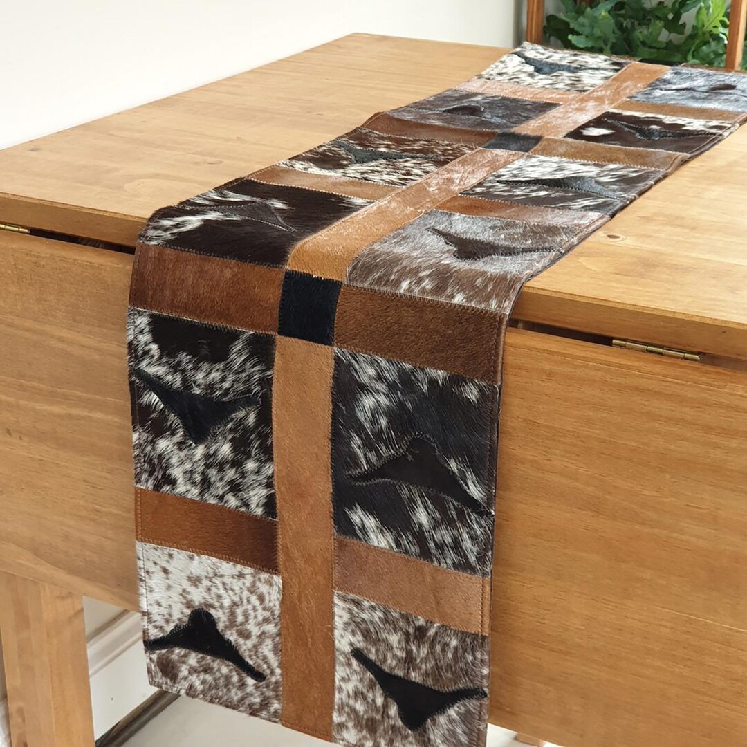 Natural Cowhide Patchwork Table Runner Handmade Cowhide Table Runner