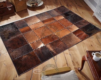 Tapis patchwork en cuir de vachette naturel | Tapis fait main en peau de vache | Tapis décoratif en peau de vache | Patchwork cheveux sur cuir | Tapis de passage en peau de vache
