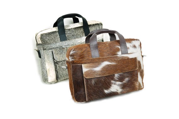 Natural Hair on cowhide leather bag laptop leather bag handmade office bag messenger leather bag cowhide satchel bag real leather file bag