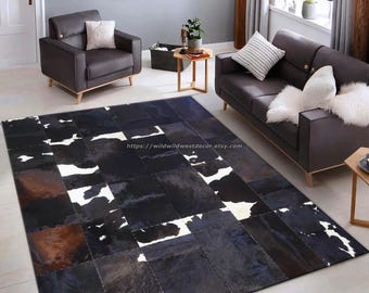 Cowhide area rug | handmade carpet | natural hair on leather rug | cowhide rectangle carpet | cowhide hallway runner | real leather rug