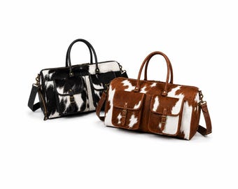 Hair-On Cowhide Leather Duffel Bag | Western Weekender Travel Luggage