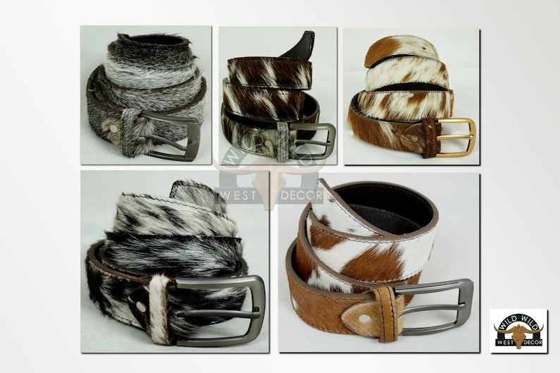 May include: A collection of cowhide belts in various patterns and colors. The belts feature silver and gold-toned buckles. The cowhide patterns include black and white, brown and white, and gray and white.