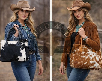 Cowhide Handbag, Western Leather Tote Bag, Hair On Hide Purse, Handmade Leather Shoulder Bag, Cowhide Tote, Rustic Western Bag
