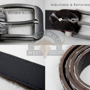 May include: A close-up of a belt with a durable, gunmetal-colored buckle. The belt features a black leather strap with a fur-like texture in shades of brown, white, and gray. The text "Durable Buckle" is visible.