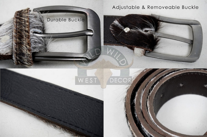 May include: A close-up of a belt with a durable, gunmetal-colored buckle. The belt features a black leather strap with a fur-like texture in shades of brown, white, and gray. The text "Durable Buckle" is visible.