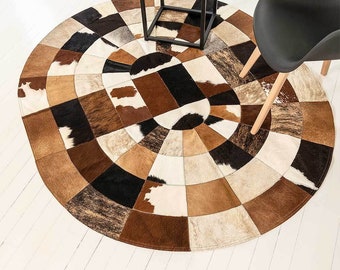 Natural Cowhide Patchwork Rug | Handmade Cowhide Carpet | Home Décor Cow Skin Rug | Hair-on-Leather Patchwork Rug | Cowhide Oval Shape Rug